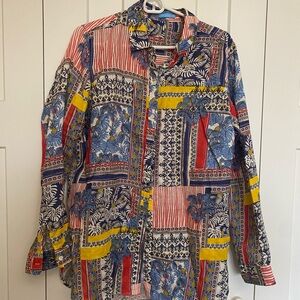 J. McLaughlin Patchwork Print Button-Up Blouse in Blue, Red & Yellow